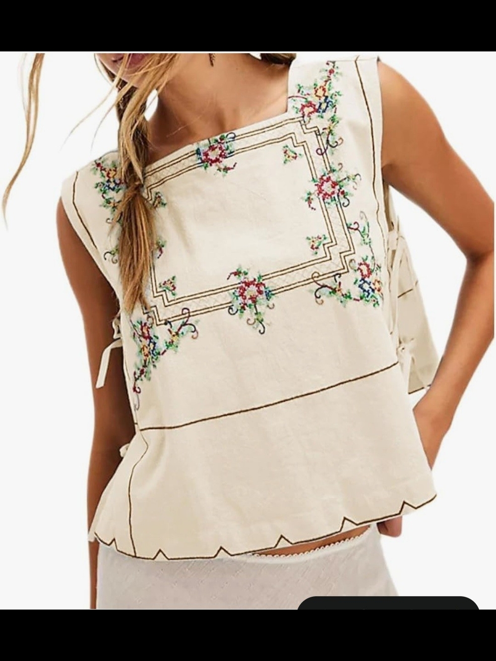 Source Unknown Cream Cross Stitch Floral Embroidered Sleeveless Tied Sides. Sz S